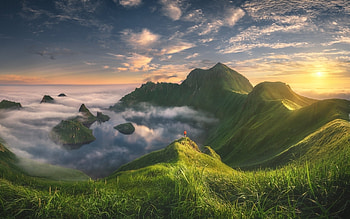 Hills by Misty Sea, coast, island, sea, mist, hills, clouds, Russia HD wallpaper