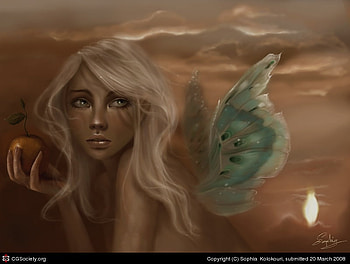 little fairy, fairy, girl apple, fantasy, eyes, sky, purity HD wallpaper