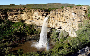 Unbelievable, falls, dirt, waterfalls, grass, mountain, rock, day, nature, sky, cliff, water HD wallpaper