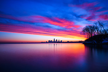 Cleveland, sunset, landscape, colorful sky, reflections HD wallpaper