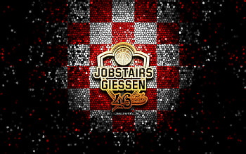 Giessen 46ers, glitter logo, BBL, red white checkered background, basketball, german basketball club, Giessen 46ers logo, mosaic art, Basketball Bundesliga HD wallpaper