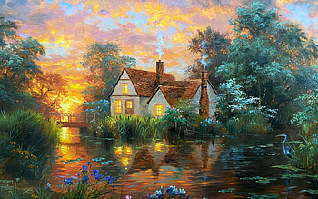 Wetland Cottage, river, painting, treesartwork, trees, clouds, cottage, sky, sunset HD wallpaper
