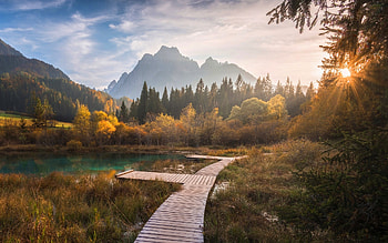 Lake Zelenci, Slovenia, mountains, path, Slovenia, lake, sunbeams HD wallpaper