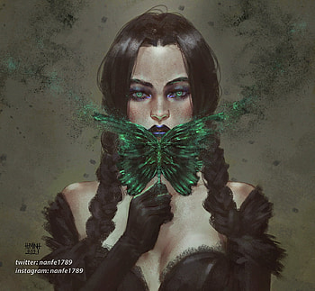 Butterfly, art, nan fe, green, face, girl, nanfe, dark, fantasy HD wallpaper