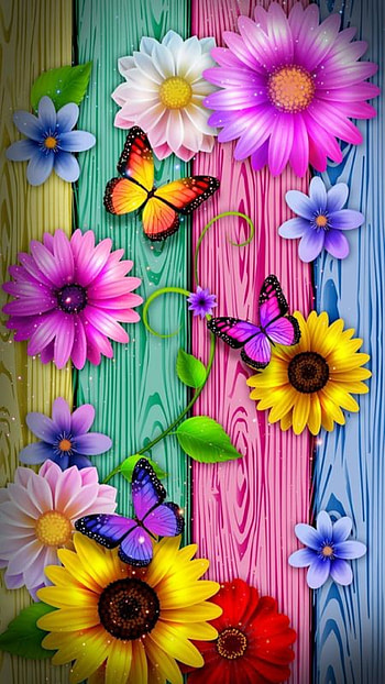 Colors, flowers, pink, green, blue, yellow, wooden wall HD phone wallpaper