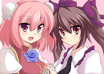 Himekaidou Hatate & Ibara Kasen, blue, cute, , ribbons, dress, background, rose, brown, , salmon, crimson, ribbon, eyes, girl, dark, purple, pink, anime, violet, light, red, girls, blush, hair HD wallpaper