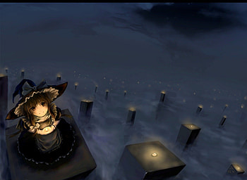 Halloween night, blue, sorceress, cemetery, black, eyes, cute, girl, witch, brown, anime, light, marisa, touhou, fire, manga HD wallpaper