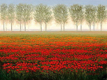 New day, mist, morning, field, red, trees, flowers HD wallpaper