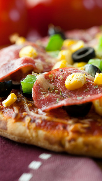 Salami and corn pizza, Olives and cheese, Food graphy, Savory flavors HD phone wallpaper