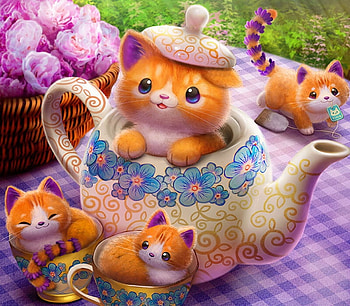 Kittea, teapot, kitten, tea, cute, cat, cup, orange, pink, fantasy, pisici, flower, piper thibodeau, luminos HD wallpaper