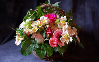 Flowers, Roses, Gerberas, Greens, Alstroemeria, Basket, Composition HD wallpaper