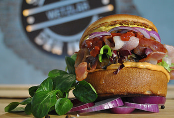 Food, Vegetables, Meat, Buns, Hamburger, Bacon HD wallpaper