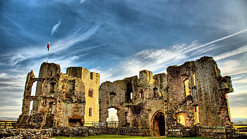 ruins of an ancient castle r, ruins, clouds, r, flag, castle, ancient HD wallpaper