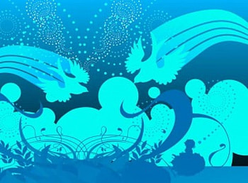 Flight of the birds, blue, butterflies, birds, plants, green, spots HD wallpaper