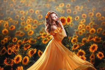 Gorgeous Model in a Field of Sunflowers, model, sunflowers, dress, brunette HD wallpaper