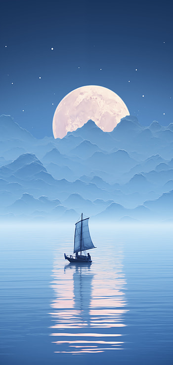 a person is sailing in the middle of water with moon HD phone wallpaper