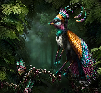 Rainbow Finch, artwork, rainbow, butterfly, fantasy, vine, berries, creature, fern HD wallpaper