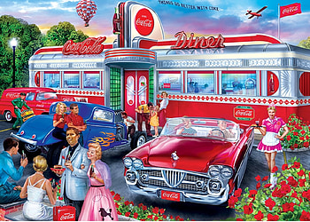 Coca Cola Diner, painting, car, airplane, hot air balloon, diner, drinks, cola, vintage HD wallpaper