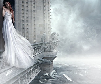 Rising Water, feather, fantasy, building, redhead, water, gargoyle, female HD wallpaper