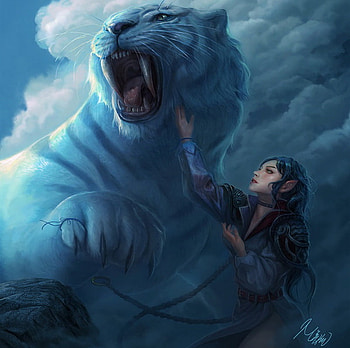 Magic, mage, abstract, fantasy, girl, white tiger, elf HD wallpaper