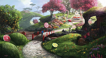 Oniria, sweets, garden, tree, lollipop, pink, fantasy, boy, green, fruit, aleksi briclot, luminos HD wallpaper