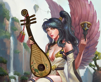 Angel, wings, lute, girl, pink, feather, instrument, fantasy, oo ju, luminos HD wallpaper