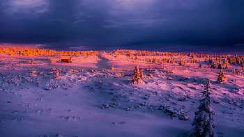 Winter Sunset, colors, landscape, sky, snow, clouds HD wallpaper