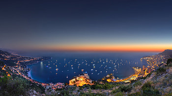 superb view of monaco at twilight r, sea, city, coast, r, mountain, twilight, boats, lights, view HD wallpaper