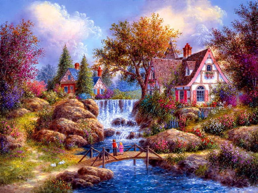Angel falls, creek, peaceful, spring, shore, trees, art, house, grass, retty, rocks, stones, summer, pretty, freshness, nature, cottage, lovely, countryside, river, colorful, fun, angel, painting, rural, cascades, water, fall, beautiful, bridge, waterfall, clouds, sky, flowers, joy, village, stream HD wallpaper