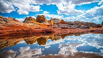Red Rock Mountains Under White Clouds Blue Sky During Daytime Reflection On Lake Nature HD wallpaper