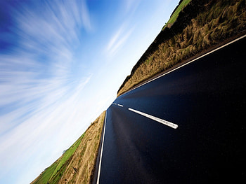 tilted road, fieldsw, road, sky, path HD wallpaper