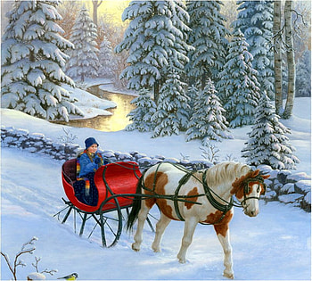 By Ruth Sanderson, winter, river, horse, painting, art, ruth sanderson, sunset, tree HD wallpaper