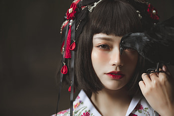:), raven, model, bird, asian, cosplay, face, pasari, woman, girl HD wallpaper