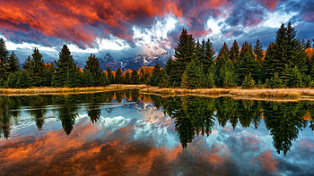 Sunrise at the Snake River, Wyoming, landscape, trees, clouds, colors, sky, water, usa, reflections, tetons HD wallpaper