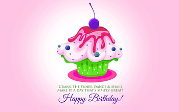 Happy Birtay!, sweet, white, dessert, food, purple, pink, cherry, green, birtay, cupcake, card HD wallpaper