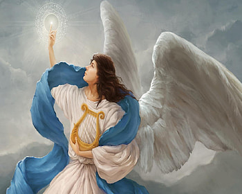 Angel, fantasy, ribbon, harp HD wallpaper