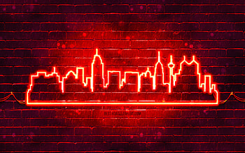 San Antonio red neon silhouette, , red neon lights, San Antonio skyline silhouette, red brickwall, american cities, neon skyline silhouettes, USA, San Antonio silhouette, San Antonio HD wallpaper
