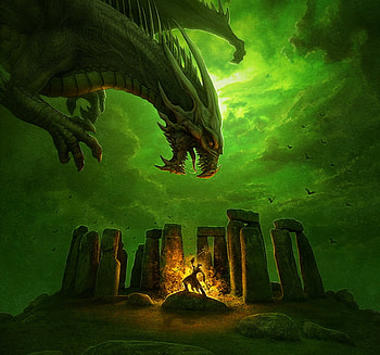 The stones, green, ritual, stone, dragon, fire, night, shadow, art, kerem beyit, fantasy, luminos HD wallpaper