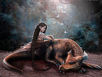 Friendship, dragon, girl, forest, friends HD wallpaper