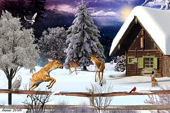 Winter Landscape, house, Winter, outdoors, animals, snow, deer, Fence, trees, nature, cottage, sunset HD wallpaper