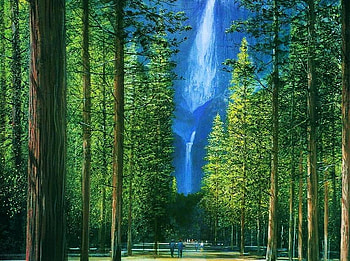 Past the pines, falls, blue water, green, tall trees, tourists, wondrous, yosemite, mountain HD wallpaper