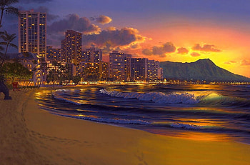 Waikiki Paradise, sea, hills, houses, beach, artwork, painting, lights, clouds, sky, sunset HD wallpaper