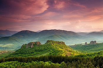 Belogradchik at sunset, graphy, bulgaria, trees, sky, rocks, sunset, mountain HD wallpaper