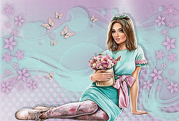 With Flowers, girl, flowers, sit, woman HD wallpaper