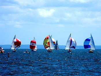 Line up, blue, sea, sport, surf, summer, clouds, sailing, nature, sky, water, ocean HD wallpaper