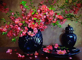 Painted flowers, bouquet, art, vase, spring, summer, still life, leaves, delicate, painting, petals, flowers, harmony HD wallpaper