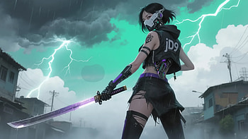 Cyberpunk Girl With Purple Katana And Lightning, cyberpunk, girl, purple, katana, lightning, artist, artwork, art, digital-art, ai, deviantart HD wallpaper