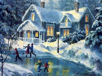 Light on Ice Skating, winter, white, skating, house, cold, people, tree, snow, lights, ice HD wallpaper