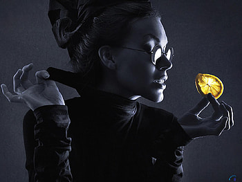 Girl-with-a-lemon, black, people, woman, lady, lemon, fruit, glasses, women, models, female HD wallpaper