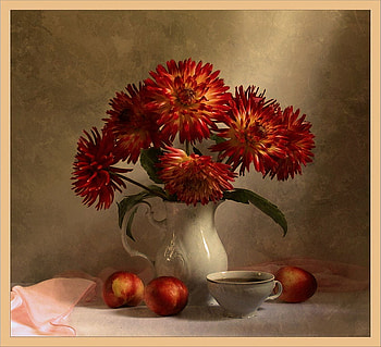 Passionate, white, ruby, vase, cup, silk, pretty, dahlias, yellow, red, peaches, fruit, passion, flowers, nectarines HD wallpaper